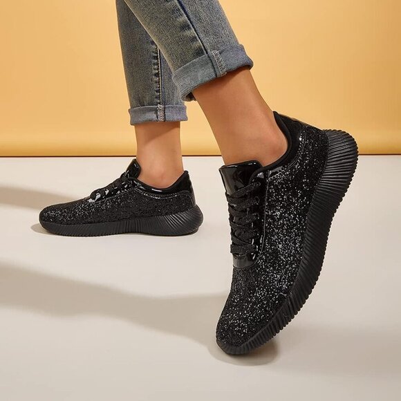 Brand New Women Black Rubber Glitter Sparkly Lightweight Tennis Shoes LUCKY STEP - Picture 8 of 9